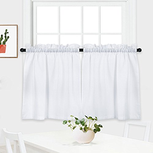 Nanan Tier Curtains,Waffle Weave Textured Short Curtains For Bathroom Waterproof Window Covering Kitchen Cafe Curtains - 30" X 36", White, Set Of 2 #TOP1