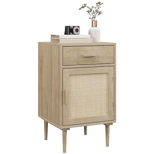 HOMCOM Table de Chevet Table d'appoint avec Placard et étagère Porte rotin tissé + 1 tiroir Design bohème - 40 x 40 x 68,5 cm Naturel