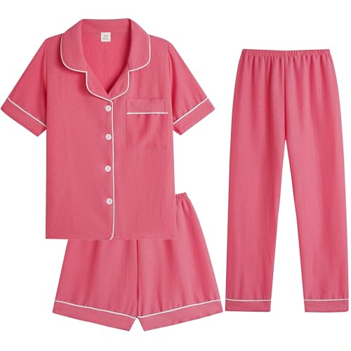 Image of Hupohoi Big Girls Button Down Pajama Set 3pcs Short Sleeve Long Pants with Shorts Crepe Wrinkled Fabric Sleepwear Nighty