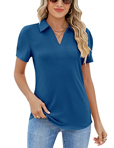 Zhenwei Womens Polo T-Shirts Short Sleeve Stretch Tunic Tops Loose Casual V Neck Collared Blouse,Blue,M #TOP6