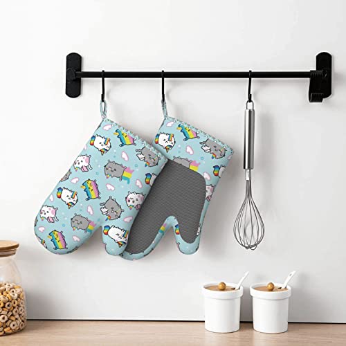Oven Mitts Heat Resistant Silicone And Polyester Cat Unicorn Print Kitchen Mitts Thick Oven Gloves For Cooking, Bbq, Baking, Grill, Pizza Pair #TOP5