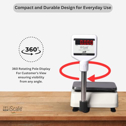 Image of iScale i-03P Commercial Weighing Scale 30kg x 1g | Rechargeable with Front & Pole Double Display | Small Size 7x9 Inch Pan | Ideal for 5-10kg Weighing in Shops | With Calibration Certificate