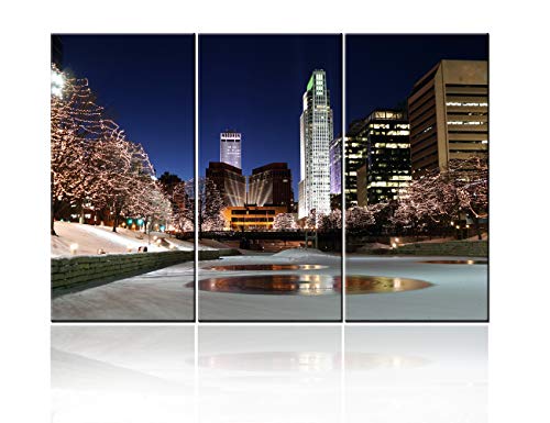 TUMOVO Wall Art Canvas Pictures of Downtown Omaha City Skyline for Your Living Room - Nebraska Cityscape Prints - Modern Split Set of 3 City Canvases - Multi Panel - 28‘’ x 14‘’ x 3 Panels