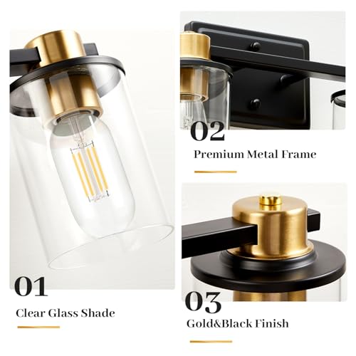 Image of Bathroom Light Fixtures Over Mirror, Gold&Black Vanity Light, Modern Vanity Lights with Clear Glass Shade, Bathroom Light Fixtures with Anti-Rust Metal Frame for Bedroom Washroom Living Room E26 Base