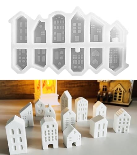 Octonyluck Moules en silicone pour maisons, mini maisons, 12 moules en silicone, pour verser avec plâtre, béton créatif, cire, poudre de coulée, moule maison (Blanc)