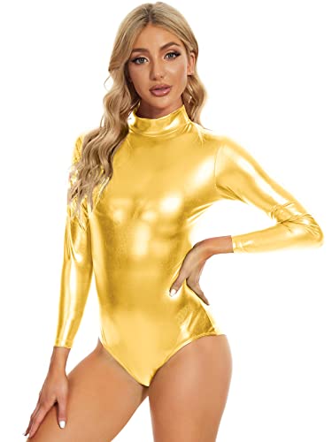 Speerise Womens Shiny Metallic Long Sleeve Dance Gymnastics Leotard Bodysuit, Gold, S #TOP2