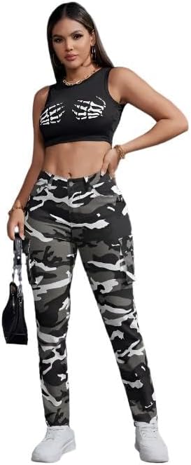 Women's Camo Print Cargo Jeans with Side Flap Pockets - High Stretch Relaxed Fit Streetwear Denim Pants