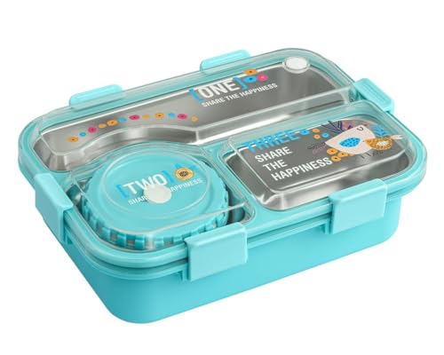 Image of Brand Conquer Lunch Box 3 Compartment Leak-Proof BPA Free Stainless Steel for School, Lunch Box for School & Office with a Fork, a Spoon and a Pair of Chopsticks (Classic Blue, Happiness Kawaii)