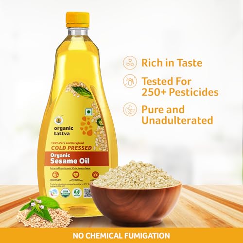 Image of Organic Tattva, Organic Sesame Oil, 1 Litre | Unrefined Safed Til Ka Tel | Cholesterol and Tran Fat Free| 100% Organic | Pesticide and Chemical Free | Pure and Unadulterated | Double Filtered | Expeller-Pressed | Pack of 2