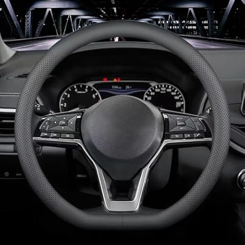 LKWLIKEI Nappa Leather D Shape car Steering Wheel Cover, Non-Slip, Breathable，Universal 15 inch.（D Shape Black） Cover