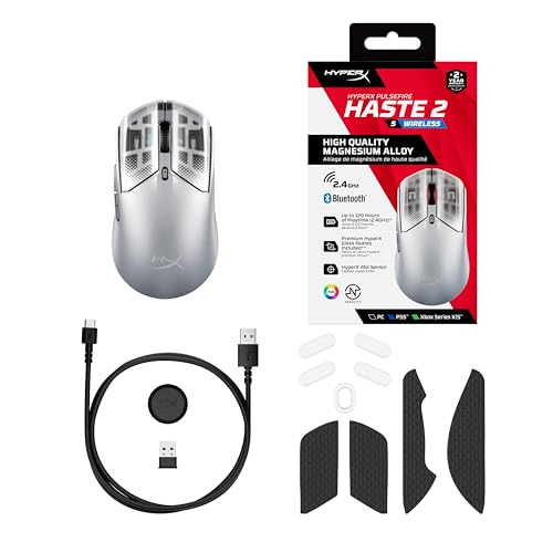 HyperX Pulsefire Haste 2 S Wireless, Souris Gaming sans Fil Ultra Légère 64 g, Coque en Alliage de Magnésium, Capteur HyperX 26K Jusqu’à 26 000 DPI, Autonomie Jusqu’à 120h, Patins en Verre, Gris