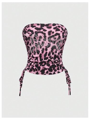 Image of RoseSeek Women's 2 Piece Outfits Rhinestone Leopard Tube Tops & Side Drawstring Bell Bottoms Y2k Outfit