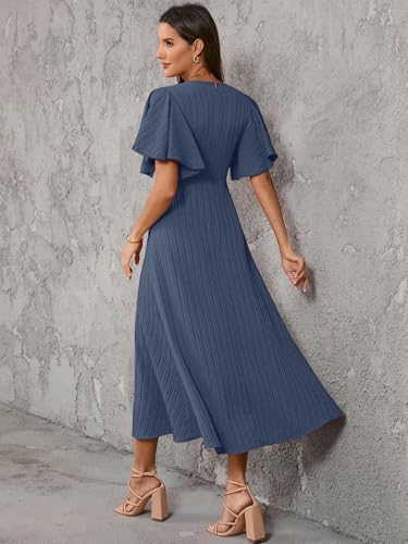 Image of Shasmi Girl's & Women's Pleated Midi Dress with Flutter Sleeves | V-Neck Western Dress for Women | Elegant A-Line Summer Outfit | Office & Casual Wear (Dress 244)