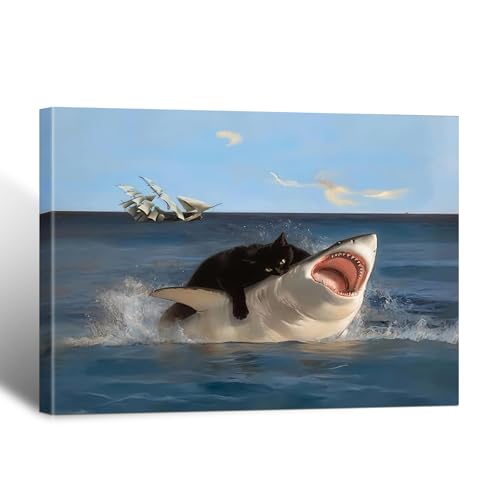 BFKDKG Framed Black Cat Wall Art, Abstract Black Cat Shark Poster, Funny quirky cat and shark pictures canvas prints Wall Decor for Room Bedroom Living Room Bathroom 12x16in