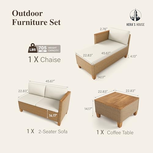 HERA'S HOUSE Small Patio Furniture Set, 3 Pieces Wicker Outdoor Sectional Sets,Yellow Rattan Conversation Set with Sofa and Coffee Table for Garden and Backyard, l Shape Boho Balcony Couch Sets - Image 3