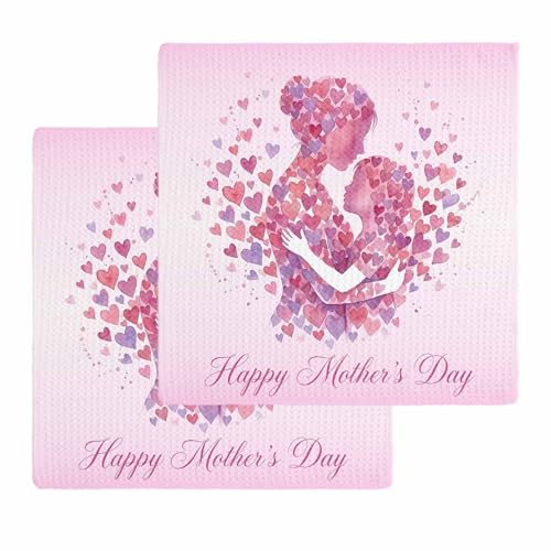 Hokiten Mother's Day Waffle Kitchen Towels Dishcloths, Warm Mom and Daughter Hug Love Heart Pink Absorbent Dish Towels Hand Towels for Bathroom/Bar, 12 x 12 Inch, 2 Pcs