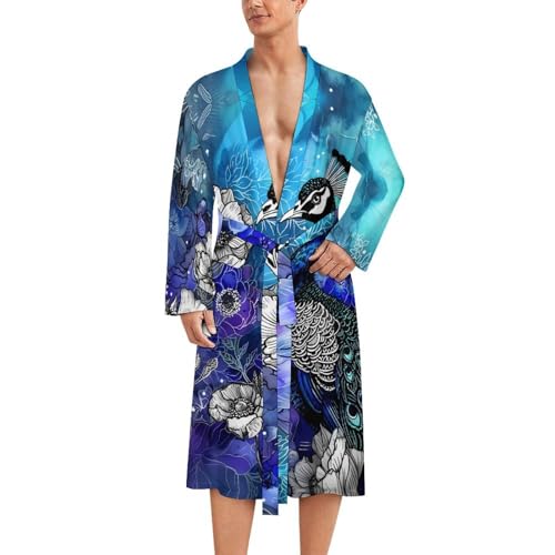 Peacock And Flowers Funny Men's Robe Soft Lightweight Bathrobe Long-sleeve Spa Robes