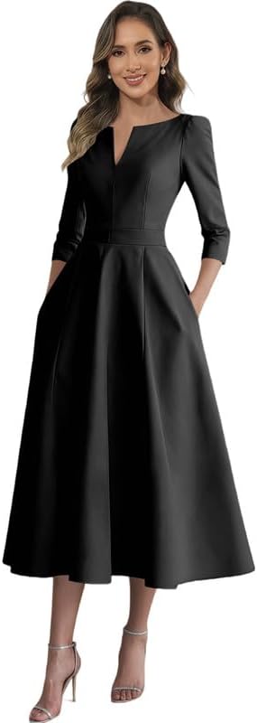 Tea Length Mother of The Bride Dresses with Long Sleeves Satin Formal Evening Dress with Pockets