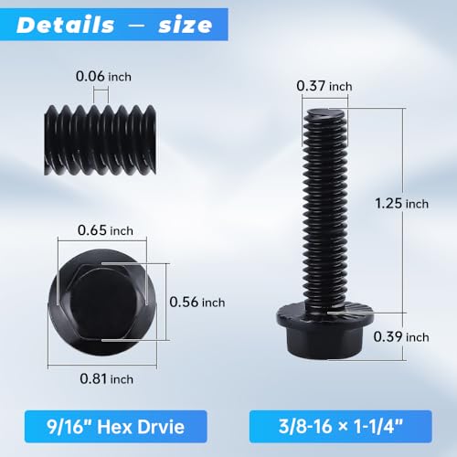 Image of Glvaner 3 /8-16 x 1-1 /4 inch (10 pcs) Stainless Steel Serrated Flanged Hex Head Bolts Bolts, 18-8 (304) Stainless Steel, Full Thread, Black Coated