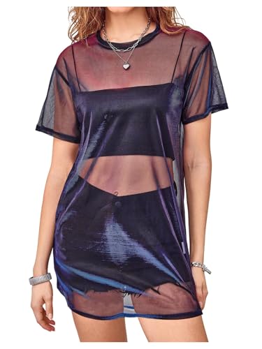Floerns Women's See Through Sheer Mesh Night Out Dress Short Sleeve Round Neck Club Short Dress-S Purple