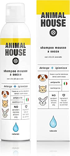Animal House Shampoo Secco Mousse, Ipoallergenico, Adatto a Tutte Le Razze, Privo di Agenti Chimici, Made in Italy, Nutriente, Naturale, (Naturale)