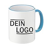 Foto Premio Werbetasse mit Logo | Kaffeetassen mit Logo Bedrucken, Tasse mit Logo in Kleiner Auflage günstig bestellen, Spülmaschinen- und Mikrowellenfest, 300ml Füllmenge (Hellblau, Standard)