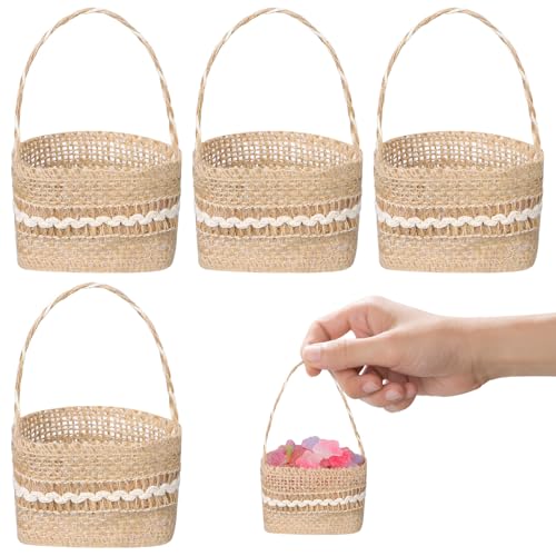 MALUGOGO Juego de 4 cestas de lino para boda, soporte portátil de arpillera para almacenamiento de dulces con asas, cesta ligera para eventos especiales y banquetes, color caqui