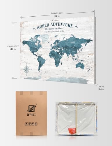 Image of IPIC - Vintage World Push Pin Travel Map on Canvas, Large World Map Wall Art, Elegant World Maps for Wall Decor, Made in USA
