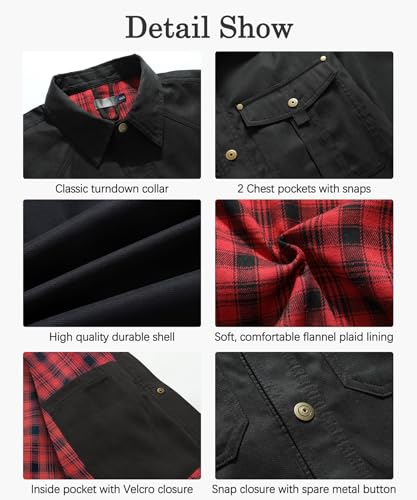 Image of Men's Shirt Jacket Shacket with Flannel Lined Casual Snap Button Overshirt Western Cowboy Jackets Fall Clothing