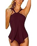 Minetom Damen Sommer Sexy Einfarbig Neckholder Tankini Badeanzug Rückenfrei Monokini Bademode Einteiliger Swimsuit Weinrot DE 44