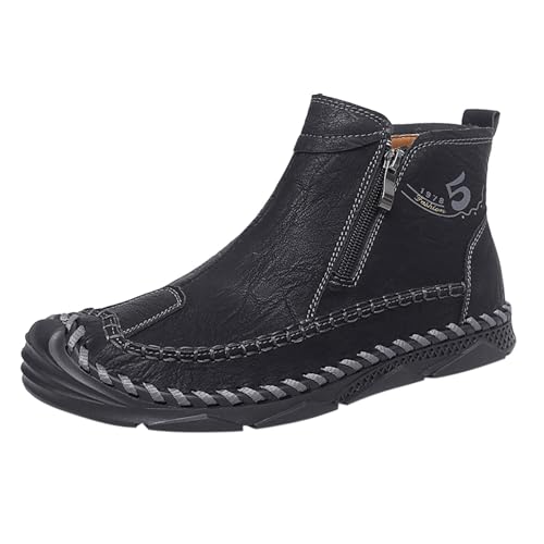 Botines para hombre planos, punta redonda, botas cortas de senderismo, con cremallera suave, suela antideslizante, botas de otoño e invierno cómodas, Le Noir, 40 EU