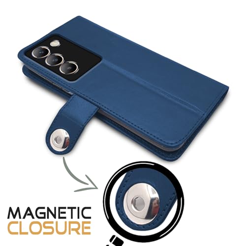 Image of Pikkme Vivo T3 5G / Vivo Y200e 5G Flip Cover Leather Finish | Inside TPU with Card Pockets | Wallet Stand and Shock Proof | Complete Protection Button Flip Case (Blue)