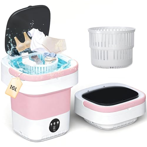 Portable Washing Machine - 16L Mini Foldable Washer with Spin Basket, 3 Cleaning Modes & Deep Cleaning for Small Clothes, Collapsible Laundry for Apartment, Home, Hotel and Travel (Pink)