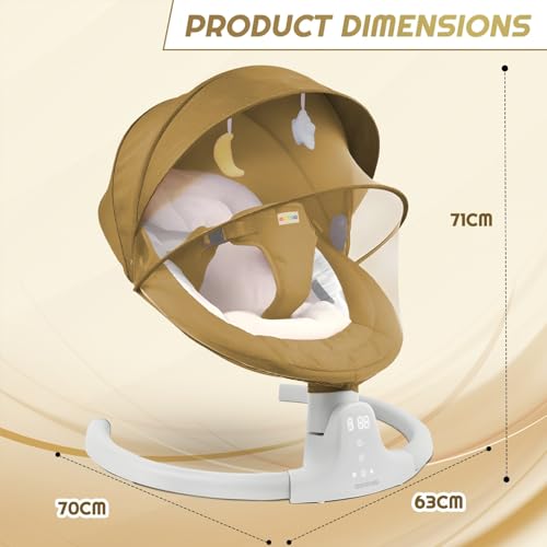 Image of Electric Baby Swing Rocker for Infants with Remote Control, Bluetooth Music, 5-Point Safety Harness, Toys, Soft Cushion, Mosquito Net, Automatic Baby Cradle for 0-12 Months(Brown)