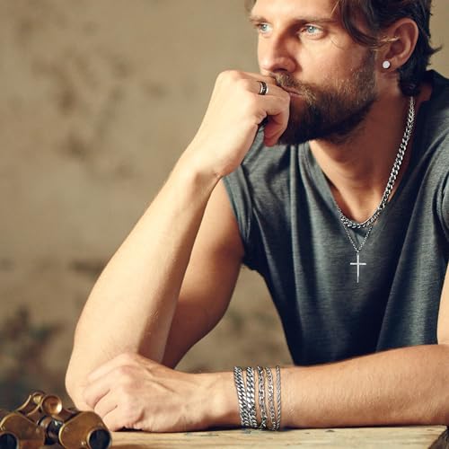 33 Pcs Silver Jewelry Set for Men Stainless Steel Band Ring Stud Hoop Earrings Cuban Link Necklace Bracelet Mens Jewelry Set3