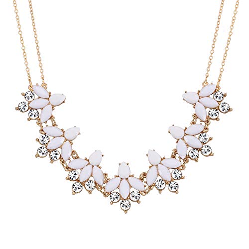 Crystal Flower Collar Necklace for Women Chunky Rhinestone Floral Bib Statement Choker Necklace (White)