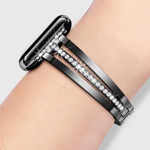 Image of AIRSPO Slim Gold Band Compatible with Apple Watch 38 /40 /41 /42 /44 /45 /46mm Women Metal Dressy Jewelry Bracelet with Bling Diamond for iWatch Series 10-3 /SE (Black, 42 /44 /45 /49 /46mm(Series 10))
