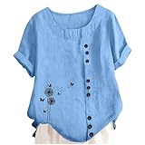 Girls Short Sleeve Cotton Shirt Button Linen Casual Dress Shirts Tees Top with Roll up Sleeve (Blue, 9-10 Years)