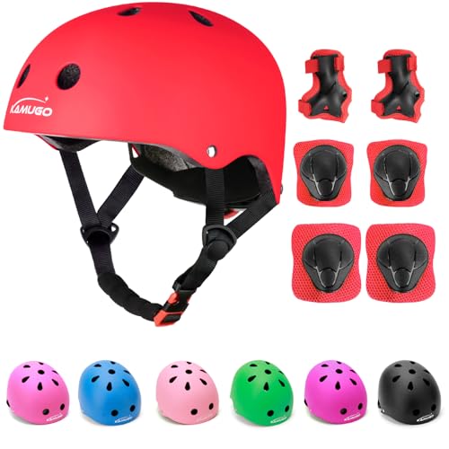 KAMUGO Kids Adjustable Helmet, with Sports Protective Gear Set Knee Elbow Wrist Pads for Toddler Age 3-8 Boys Girls, Bike Skateboard Hoverboard Scooter Rollerblading Helmet Set (Red)
