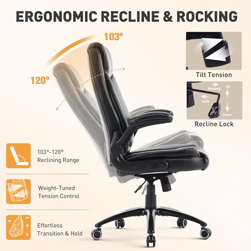Ergonomic PU Leather Office Chair with Flip-Up Armrests, Reclining Backrest, Adjustable Height & Tilt Tension, Thick Padded Seat, Breathable Leather, 300LBS Capacity Executive Desk Chair,Black - Image 6