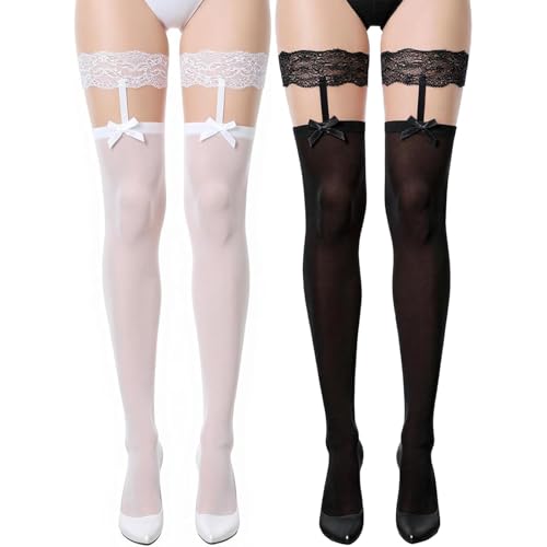 SNDE 2 Paar Halterlose Damenstrümpfe mit Spitzenband, Halterlose Strümpfe Damen Sexy