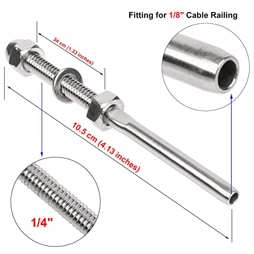 Blika 50 Pack Cable Railing Swage Threaded Stud Tension End Fitting Terminal For 1/8" Deck Cable Railing, T316 Stainless Steel, Cable Railing Tensioner 1/8" For 2"X2" Wood/Metal Post #TOP1