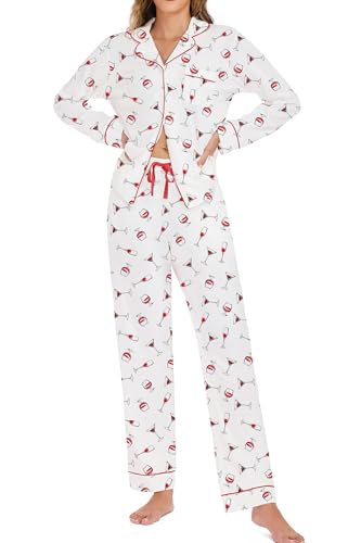 Image of LUBOT Christmas Pajamas for Women 100% Cotton Pajama 2 Piece PJ Set Soft Long Sleeve Button Xmas Print Loungewear XS-XXL