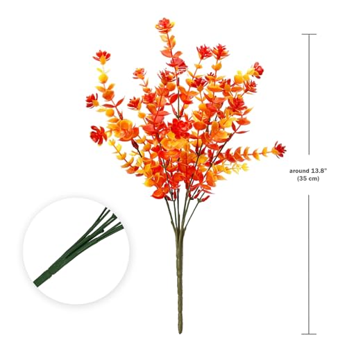 Satefello Artificial Fall Flowers for Outdoors, 10 Bundles Faux Flower UV Resistant Fall Fake Mums Plants for Outside Halloween Christmas Porch Decoration Fall Decor(Orange(Eucalyptus)) - image 2