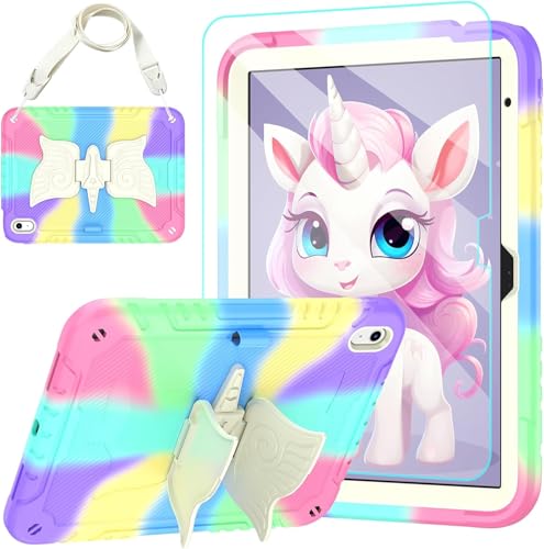 TOMORRY for iPad (A16) 11th Generation 11 Inch 2025/iPad 10th Generation Case 10.9 Inch 2022 with Tempered Glass Screen Protector,Unicorn Stand,Shoulder Strap,for iPad 10 Case Kids Girls (Colorful)