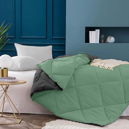 Image of Filbert 600 GSM Comforter for Double Bed | Super Warm Winter Quilt /Rajai | Thick Microfiber Blanket with Cloud-Soft Fill | Luxury Bedding for Winters - 90x100 Inch | Sage /Dark Grey