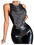 SOLY HUX Women's Fringe Trim Crop Tank Top Sleeveless Crew Neck Going Out Party Tops Pure Black Medium