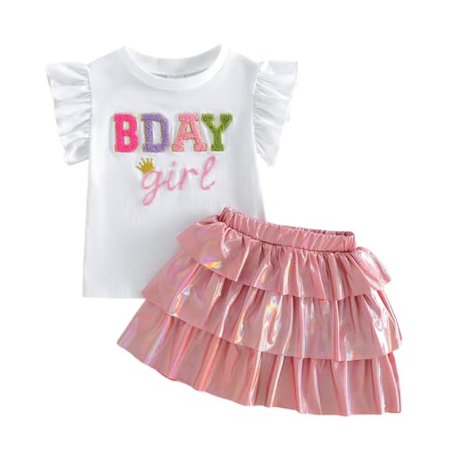 Lamuusaa Toddler Baby Girl Birthday Outfit Birthday Girl Embroidery Shirt T-shirt Layered Ruffle Skirt Summer Clothes (White 3-4T)