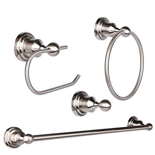 Hoimpro 4-teiliges Badezimmer-Set - Gebürstetes Nickel, Wandhalterung (Handtuchhalter, Ring, Doppelhaken, Toilettenpapierhalter)