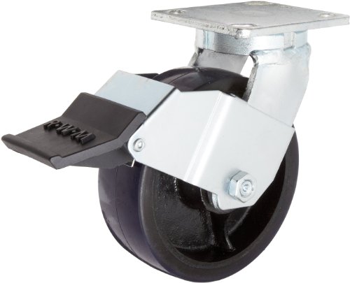 RWM Casters 47 Series Plate Caster, Swivel with Installable Face Contact Brake, Kingpinless, Urethane on Iron Wheel, Roller Bearing, 1230 lbs Capacity, 6 Wheel Dia, 2 Wheel Width, 7-1/2 Mount Height, 4-1/2 Plate Length, 4 Plate Width